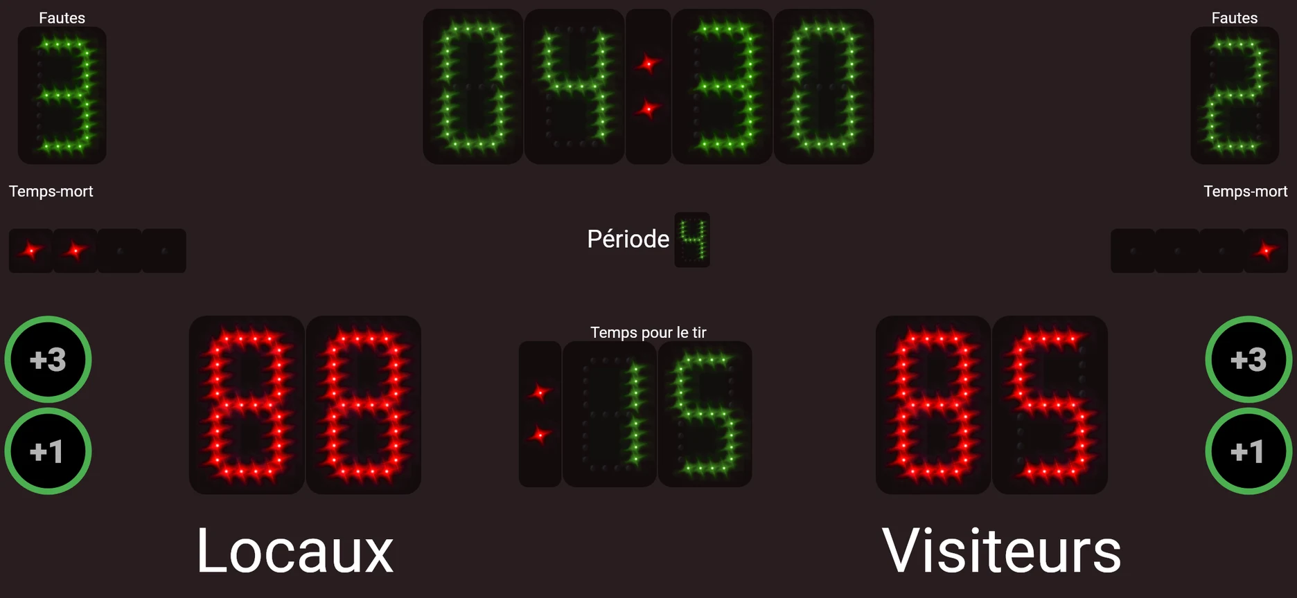 Tableau d'affichage de basket pendant un match : score 88-85, quatrième période, chrono de jeu à 04:30 et chrono des 24 secondes.